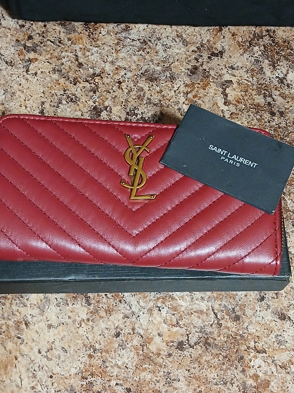 Red Chevron Quilted Leather Zip Wallet with Gold YSL Logo NWT